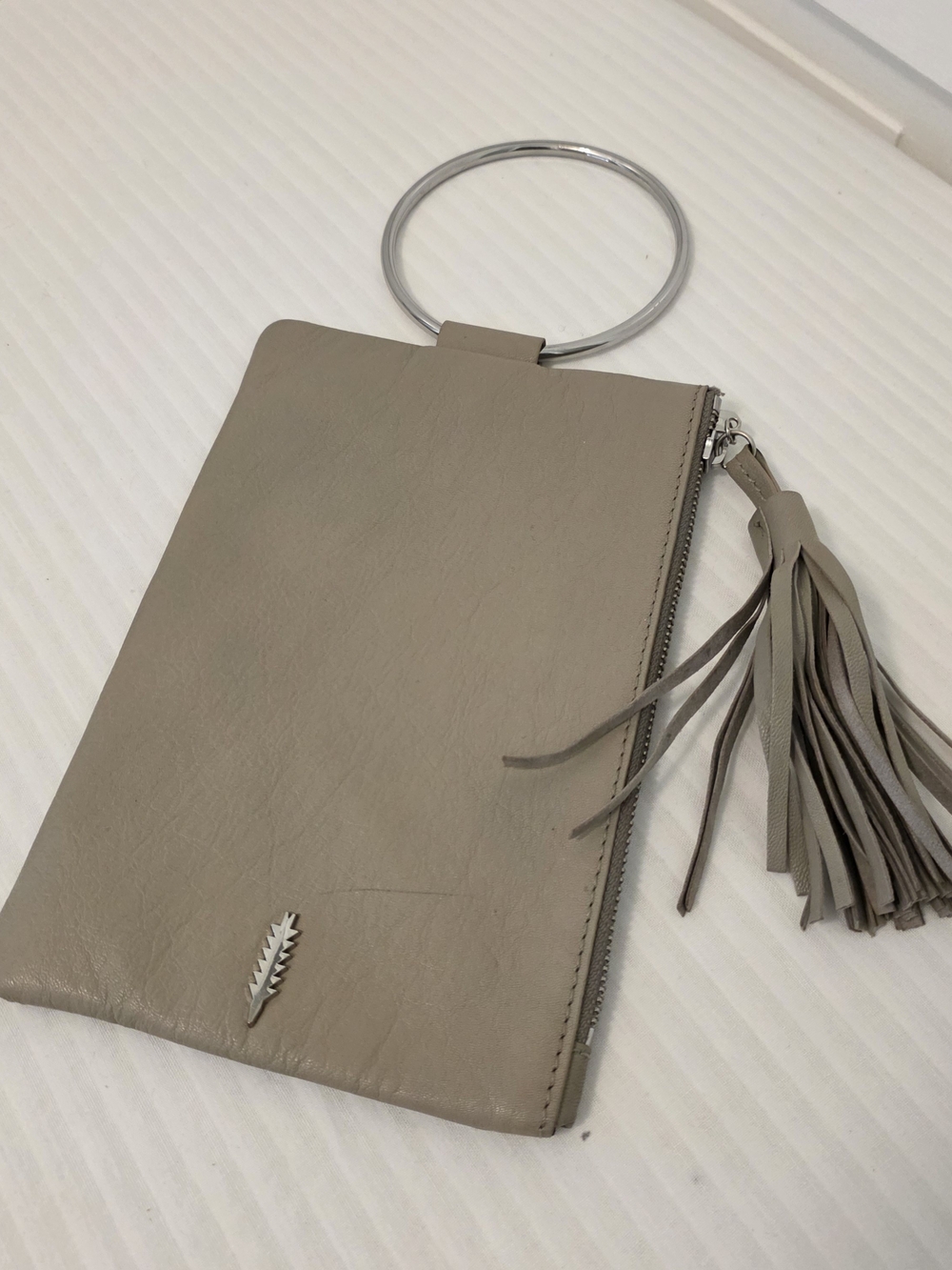 Thacker Nolita Taupe Wristlet Clutch with Tassel and Silver Ring Handle, Slim